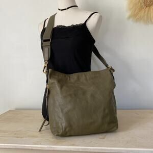 Fossil Womens Cow Hide Leather Crossbody Hobo Purse Bag Olive Green Boho Bucket